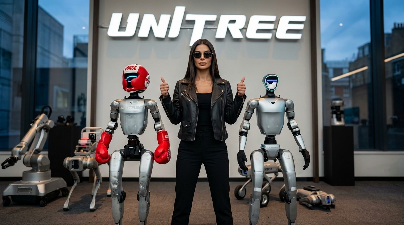 Woman in black standing between two Unitree humanoid robots inside a robotics showroom