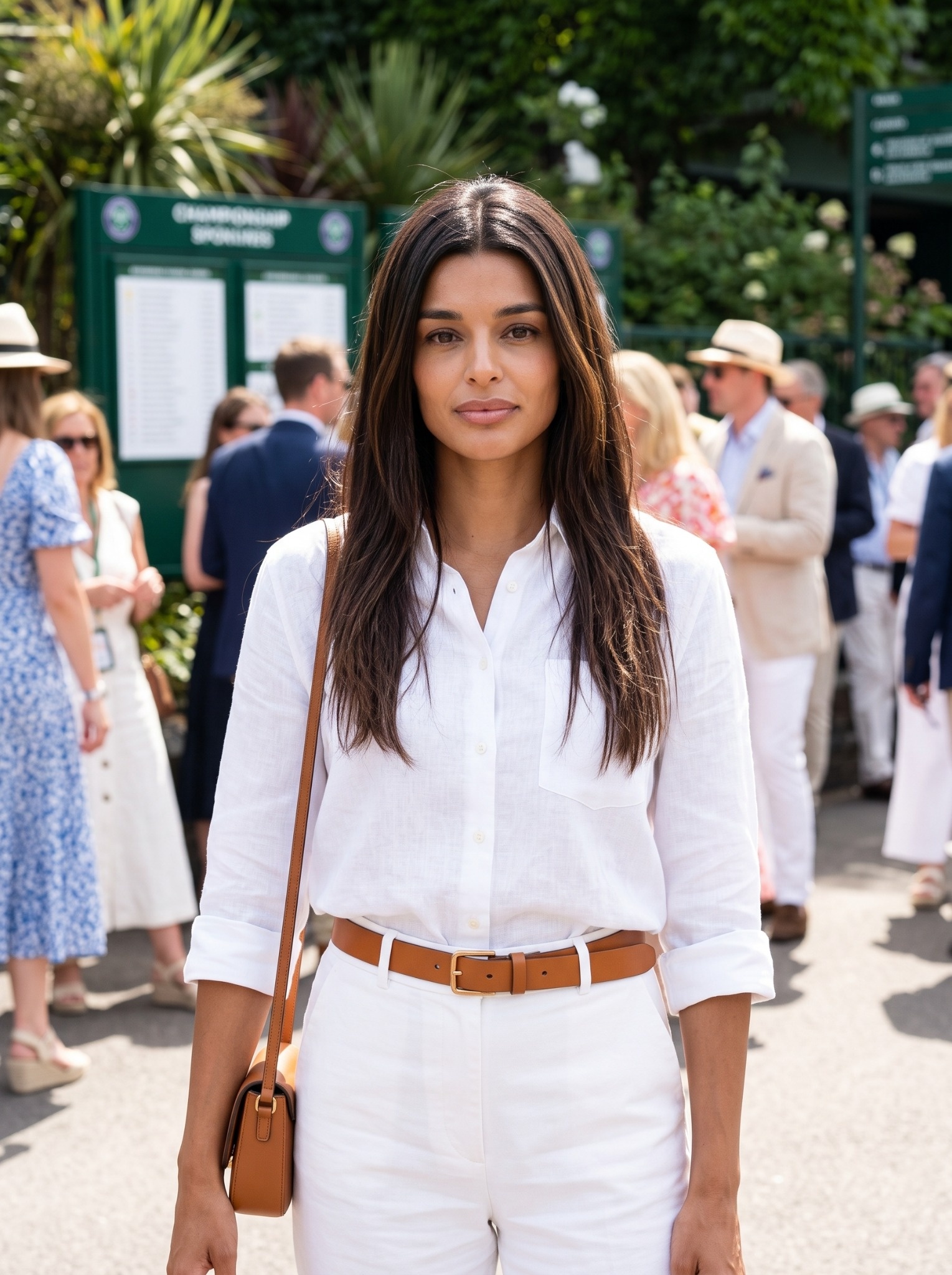 Sofia wearing a white linen shirt and white trousers at an outdoor summer event