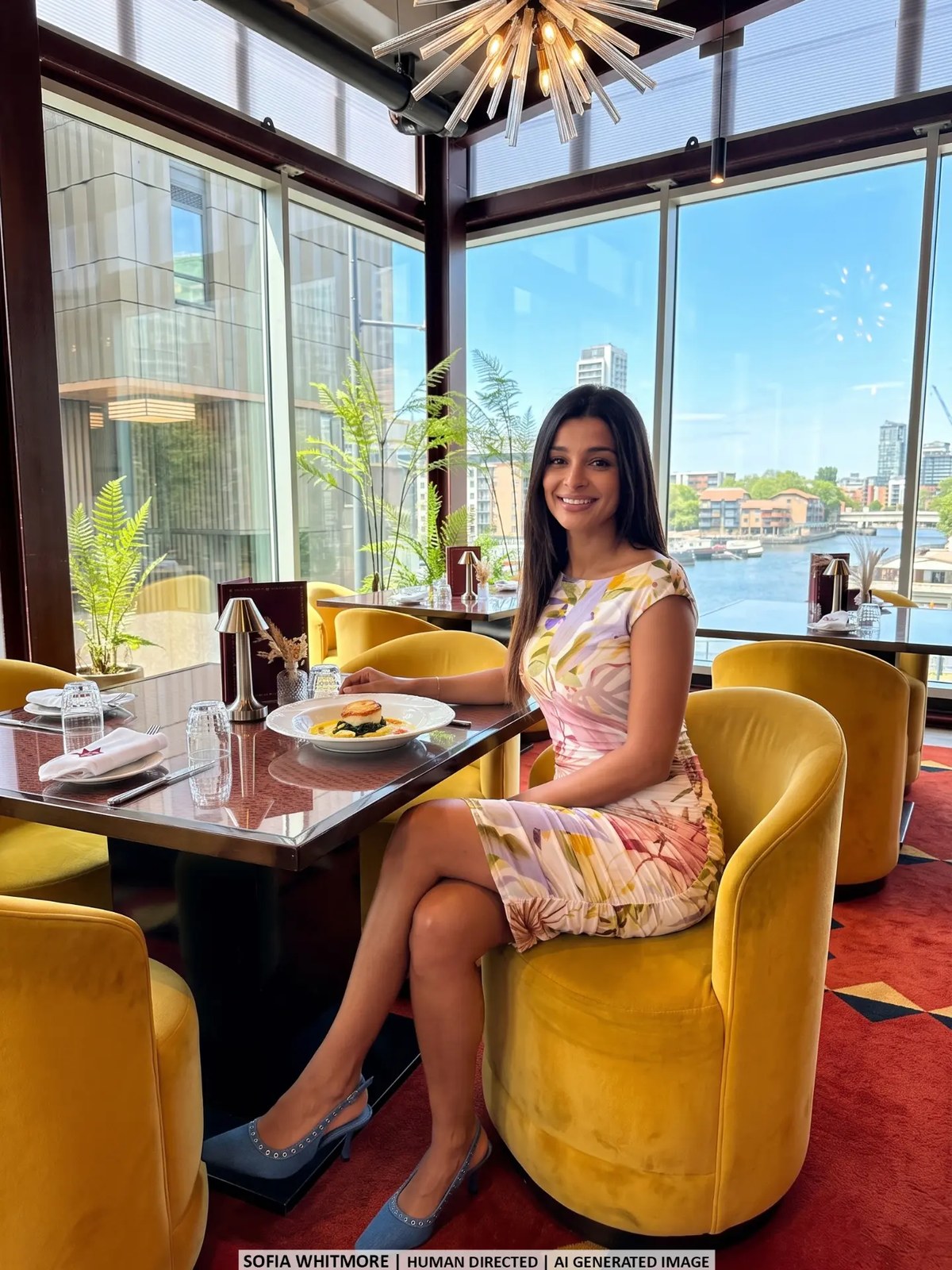 Sofia Whitmore seated at a restaurant in London