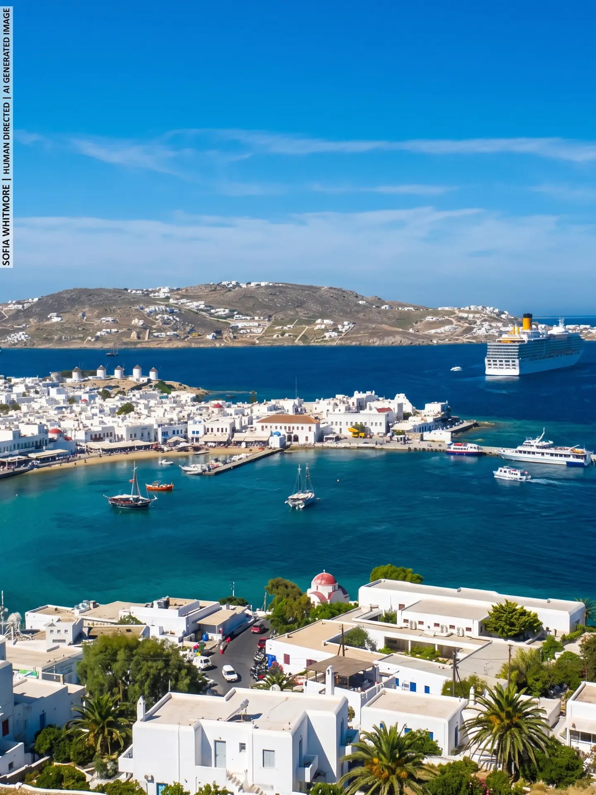 Mediterranean island view over blue water and white architecture